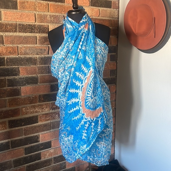 Blue and Orange Women's Tory Burch Madura Scarf or Swim Sarong - Picture 2 of 8